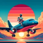 Robot piloting a luxury aircraft at sunset, reflecting Creative Deviants' innovative spirit and brand colors.