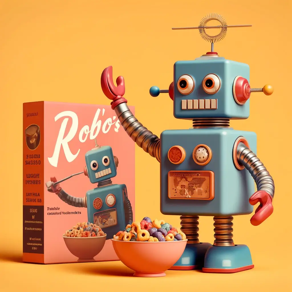 1950s style robot pitchman presenting 'ROB'O's' robot cereal in Creative Deviants' colors.