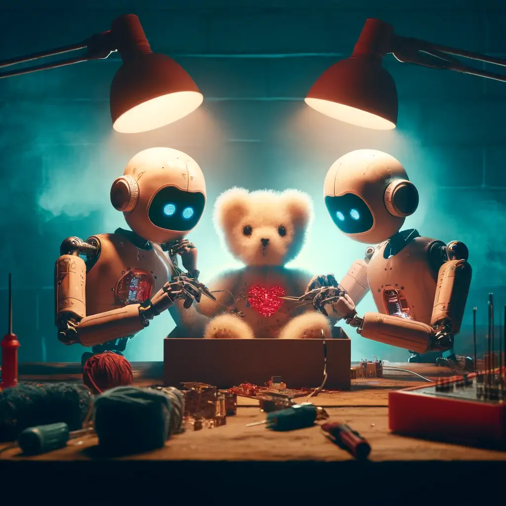 Two young robots in a garage workshop soldering and wiring a fluffy teddy bear, set against a hazy, dimly lit background in peach, blue, red, salmon, and light salmon branding colors.