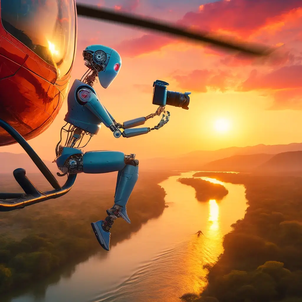 Female robot filming herself while hanging from helicopter skids above an African river at sunset, in peach, blue, red, salmon, and light salmon branding colors.